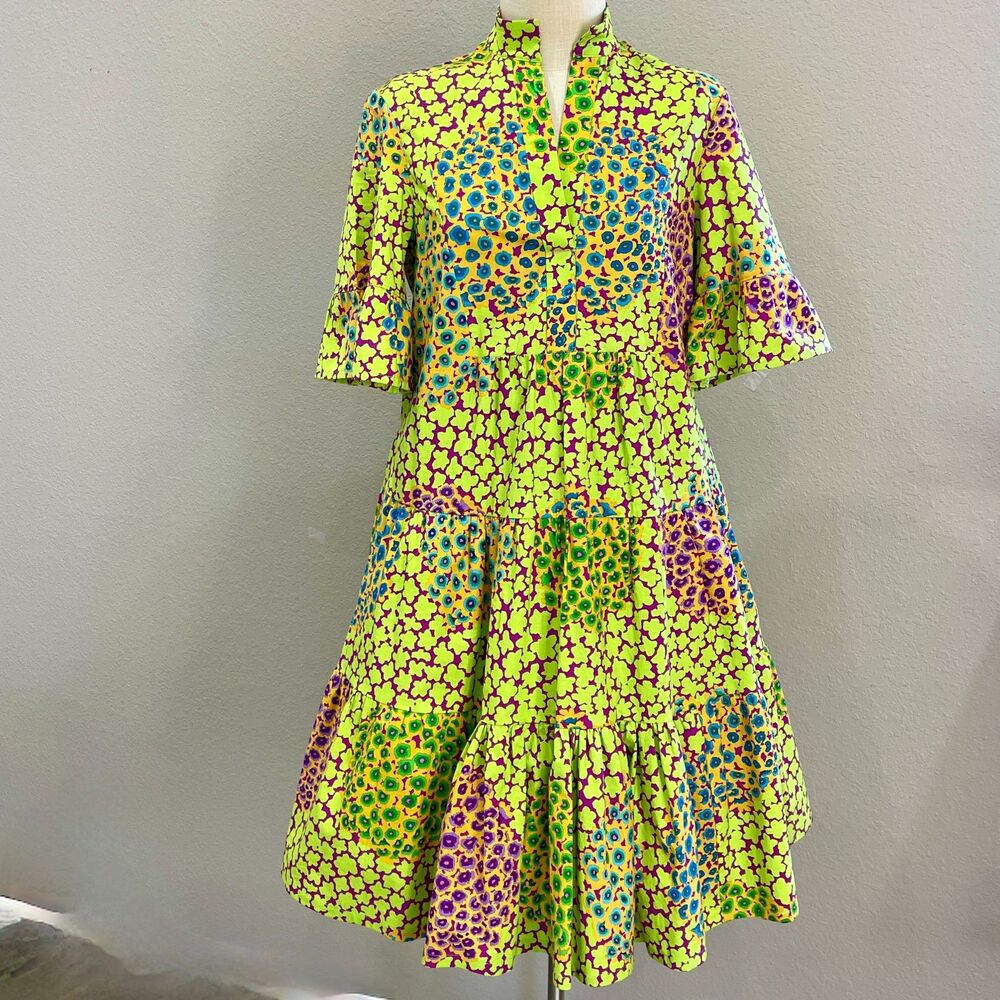 Handmade Boho Lime Green tiered dress with ruffle and ruffled sleeves, Size 10